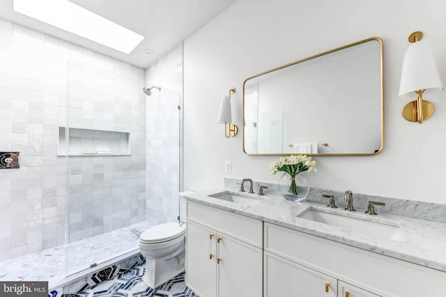 bathroom with vanity, toilet, tiled shower, and a skylight