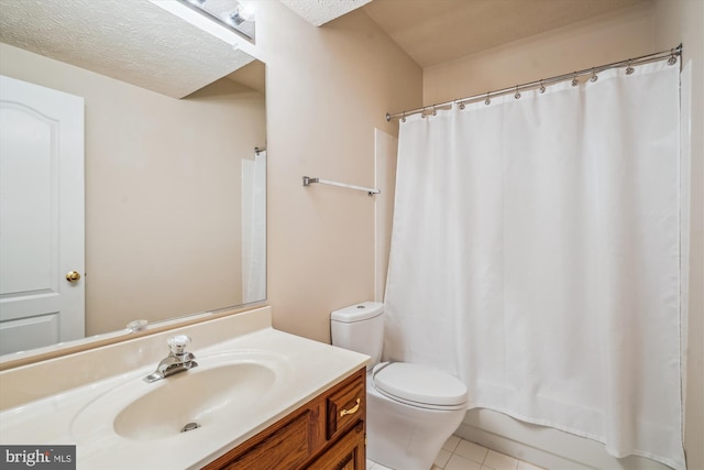 full bathroom featuring shower / bathtub combination with curtain, tile patterned flooring, vanity, a textured ceiling, and toilet