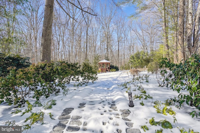 yard covered in snow featuring a gazebo