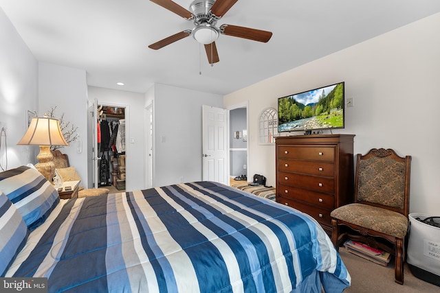 bedroom featuring a spacious closet, a closet, carpet, and ceiling fan