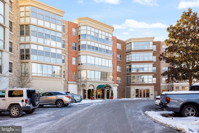 view of snow covered building