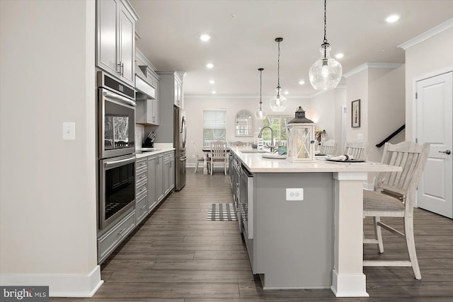 kitchen featuring pendant lighting, a large island with sink, a kitchen bar, stainless steel appliances, and sink