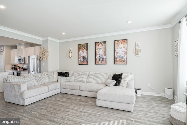 living room with crown molding and light hardwood / wood-style flooring