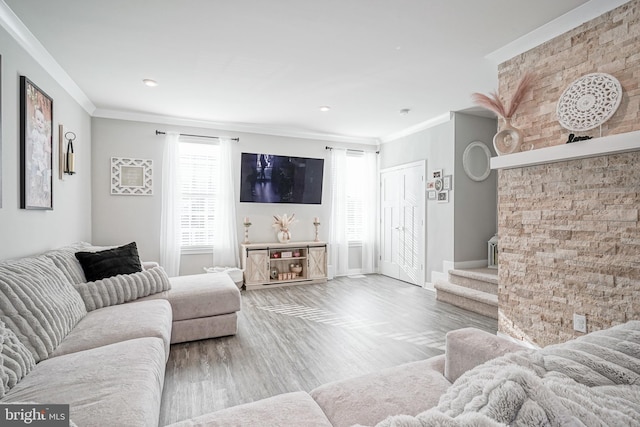 living room featuring ornamental molding and light hardwood / wood-style flooring