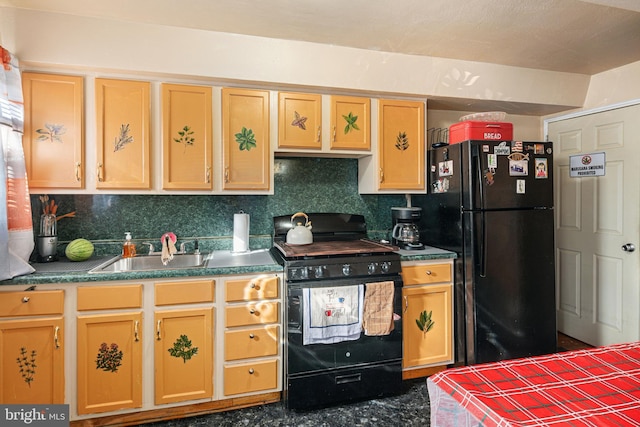 kitchen featuring black appliances, backsplash, sink, and light brown cabinets