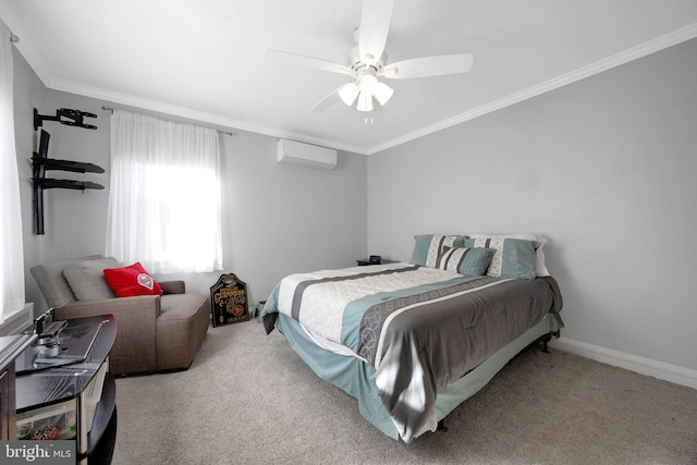 bedroom featuring ceiling fan, light colored carpet, an AC wall unit, and ornamental molding