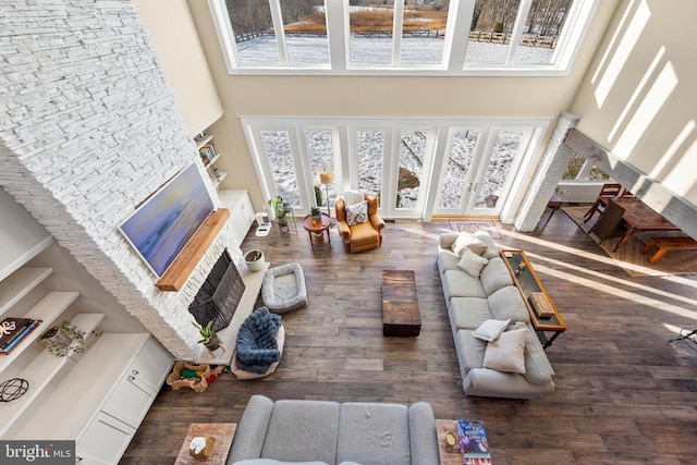 living room featuring a high ceiling, dark wood-type flooring, and a fireplace