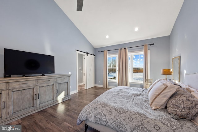 bedroom featuring high vaulted ceiling, ceiling fan, a barn door, and dark hardwood / wood-style floors