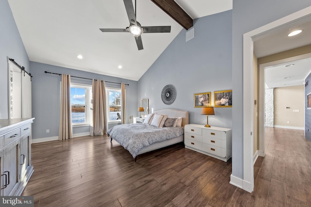 bedroom featuring high vaulted ceiling, a barn door, dark hardwood / wood-style flooring, ceiling fan, and beamed ceiling