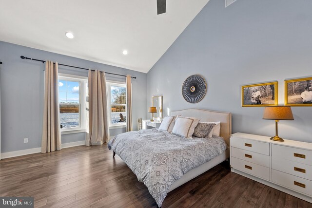 bedroom featuring ceiling fan, vaulted ceiling, and dark hardwood / wood-style floors