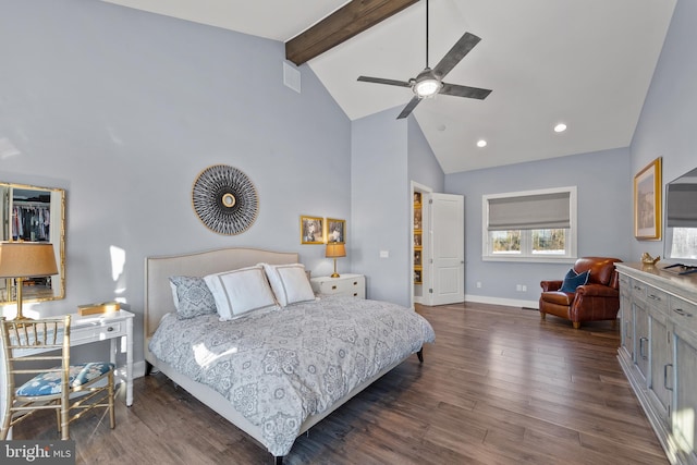 bedroom with high vaulted ceiling, ceiling fan, beamed ceiling, and dark wood-type flooring