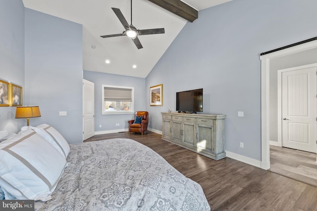 bedroom with dark wood-type flooring, high vaulted ceiling, ceiling fan, and beamed ceiling