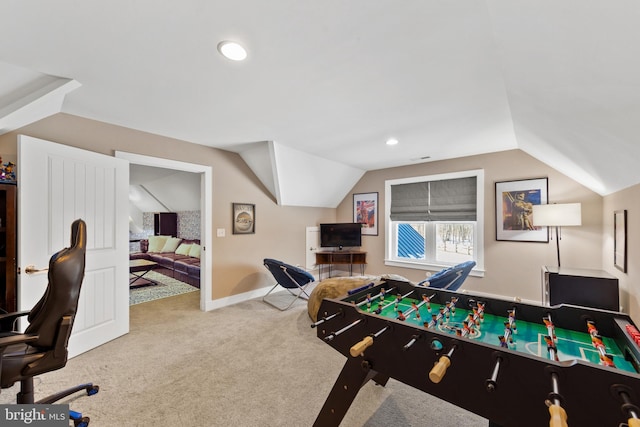 game room featuring vaulted ceiling and carpet floors