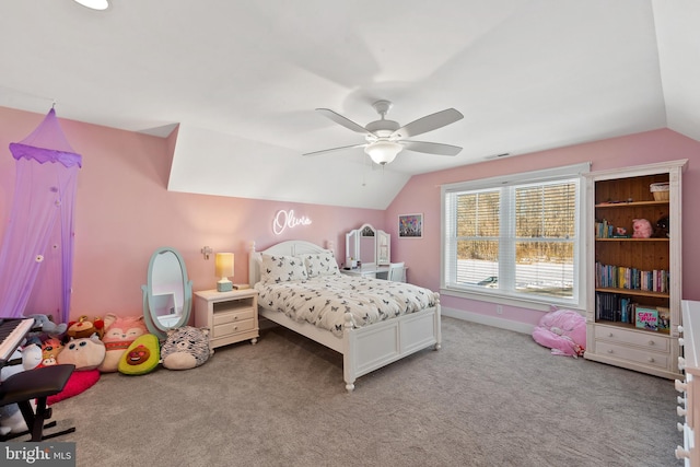 carpeted bedroom featuring ceiling fan and lofted ceiling