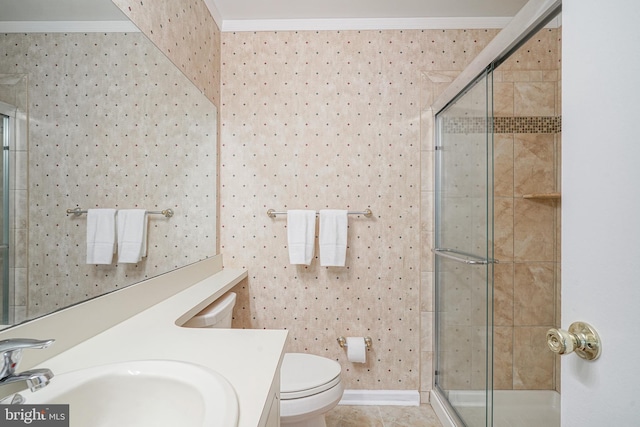 bathroom with toilet, crown molding, tile patterned floors, sink, and an enclosed shower