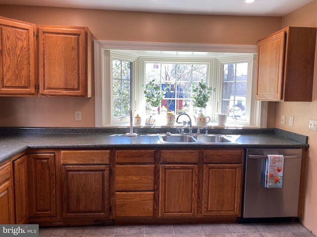 kitchen featuring a sink, dark countertops, dishwasher, and brown cabinetry