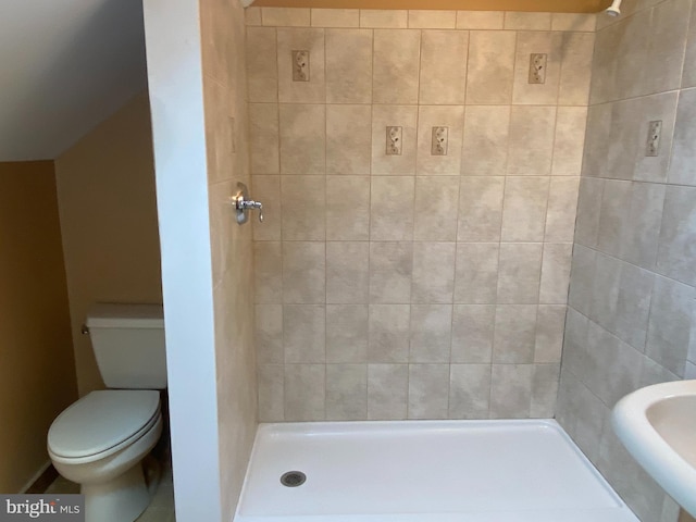 full bathroom with toilet and a shower stall