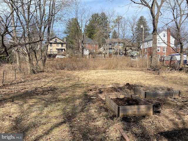 view of yard with a residential view and a vegetable garden