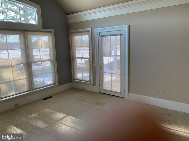 spare room with carpet flooring and vaulted ceiling