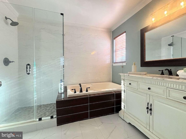 bathroom with vanity, crown molding, and shower with separate bathtub