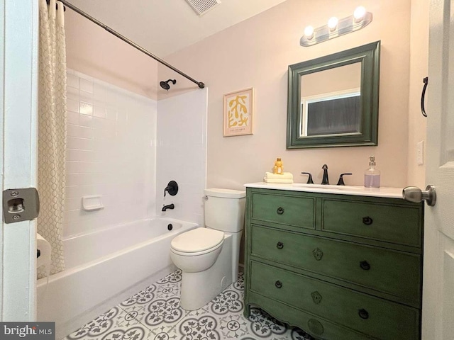 full bathroom featuring tile patterned floors, vanity, toilet, and shower / bathtub combination with curtain