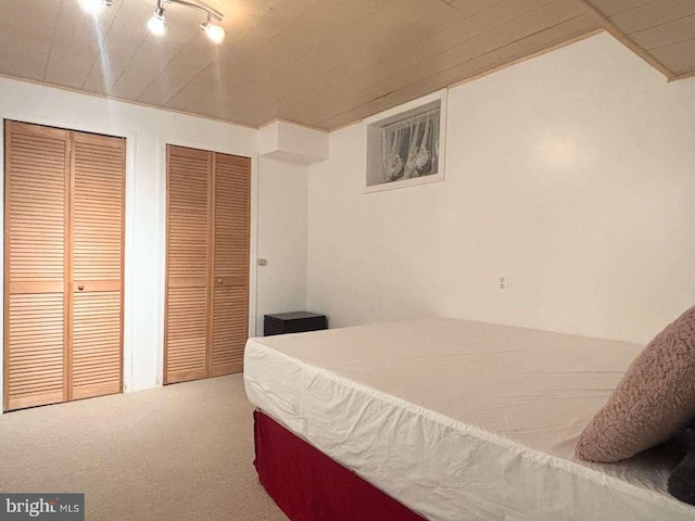 bedroom with carpet floors, track lighting, and two closets