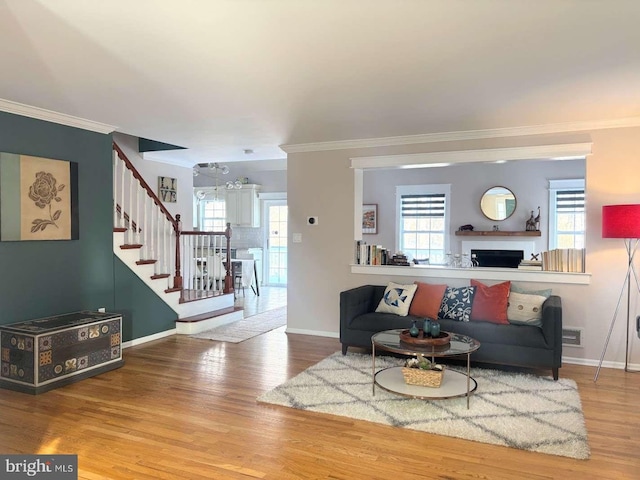 living room with wood-type flooring and ornamental molding