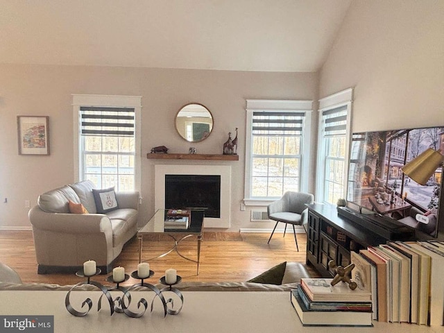 living room with a healthy amount of sunlight, light wood-type flooring, and lofted ceiling