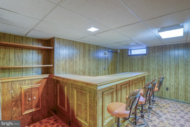 bar with a paneled ceiling and wooden walls