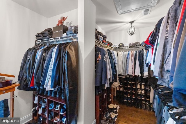 walk in closet with wood-type flooring