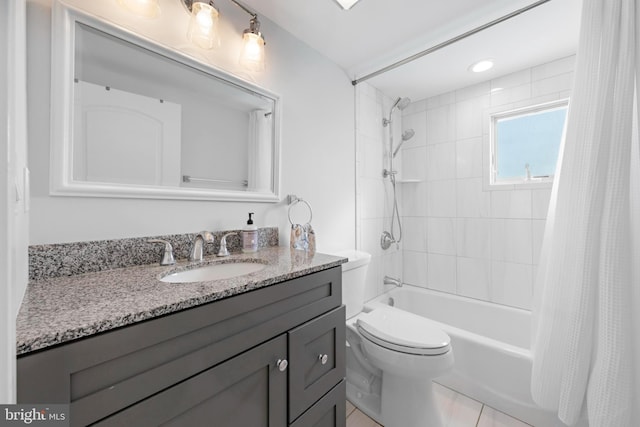 full bathroom with tile patterned floors, vanity, shower / bath combination with curtain, and toilet