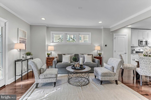 living room with ornamental molding and dark hardwood / wood-style flooring