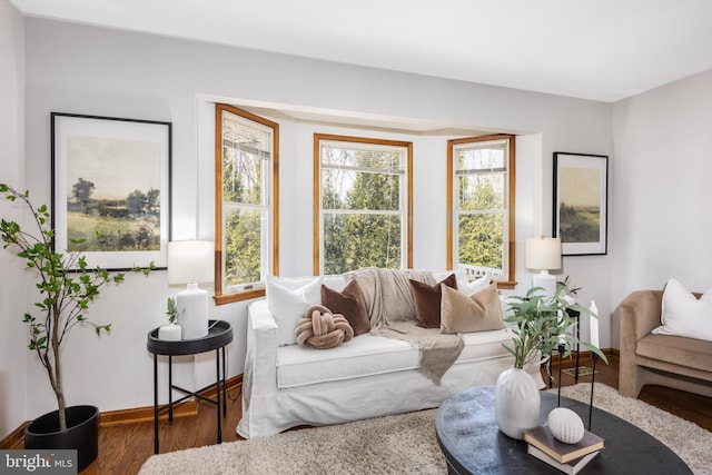 living area featuring baseboards and wood finished floors