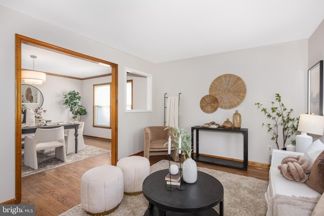 living area featuring wood finished floors, baseboards, and a wall mounted air conditioner