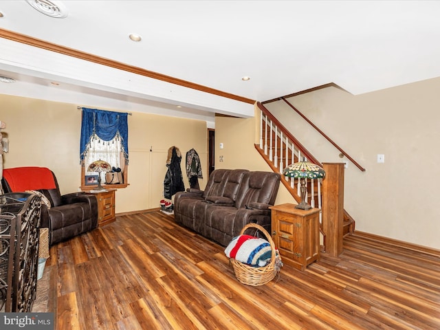 living room featuring dark wood-type flooring