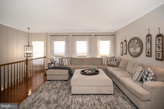 living room featuring hardwood / wood-style floors, crown molding, and a notable chandelier