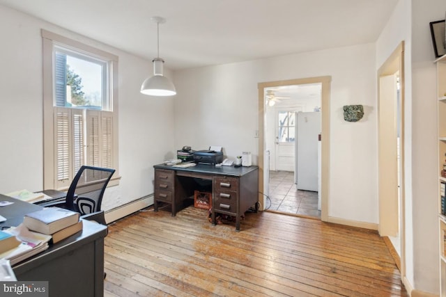 office area with a baseboard radiator and light hardwood / wood-style floors