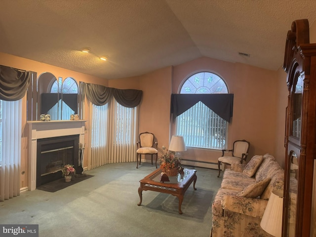 living room featuring baseboard heating, carpet flooring, a textured ceiling, and lofted ceiling