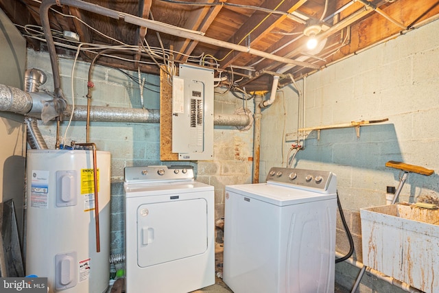 clothes washing area with washer and dryer, sink, electric water heater, and electric panel