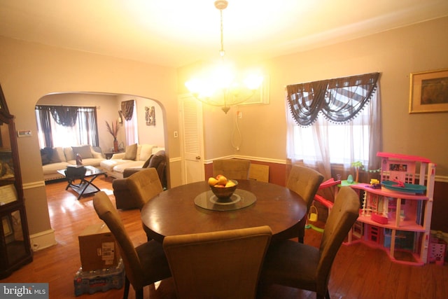 dining area featuring hardwood / wood-style floors, plenty of natural light, and a notable chandelier