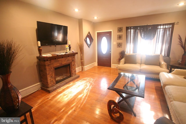 living room featuring a fireplace and light hardwood / wood-style flooring