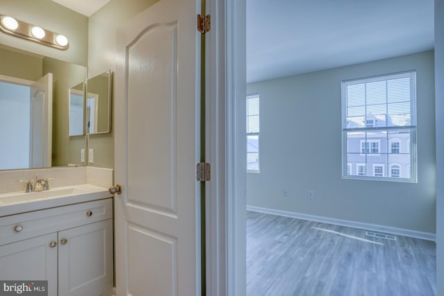 bathroom with vanity and wood-type flooring