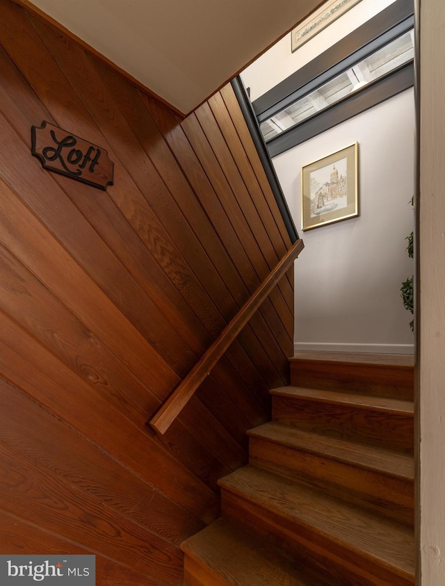 staircase featuring wooden walls