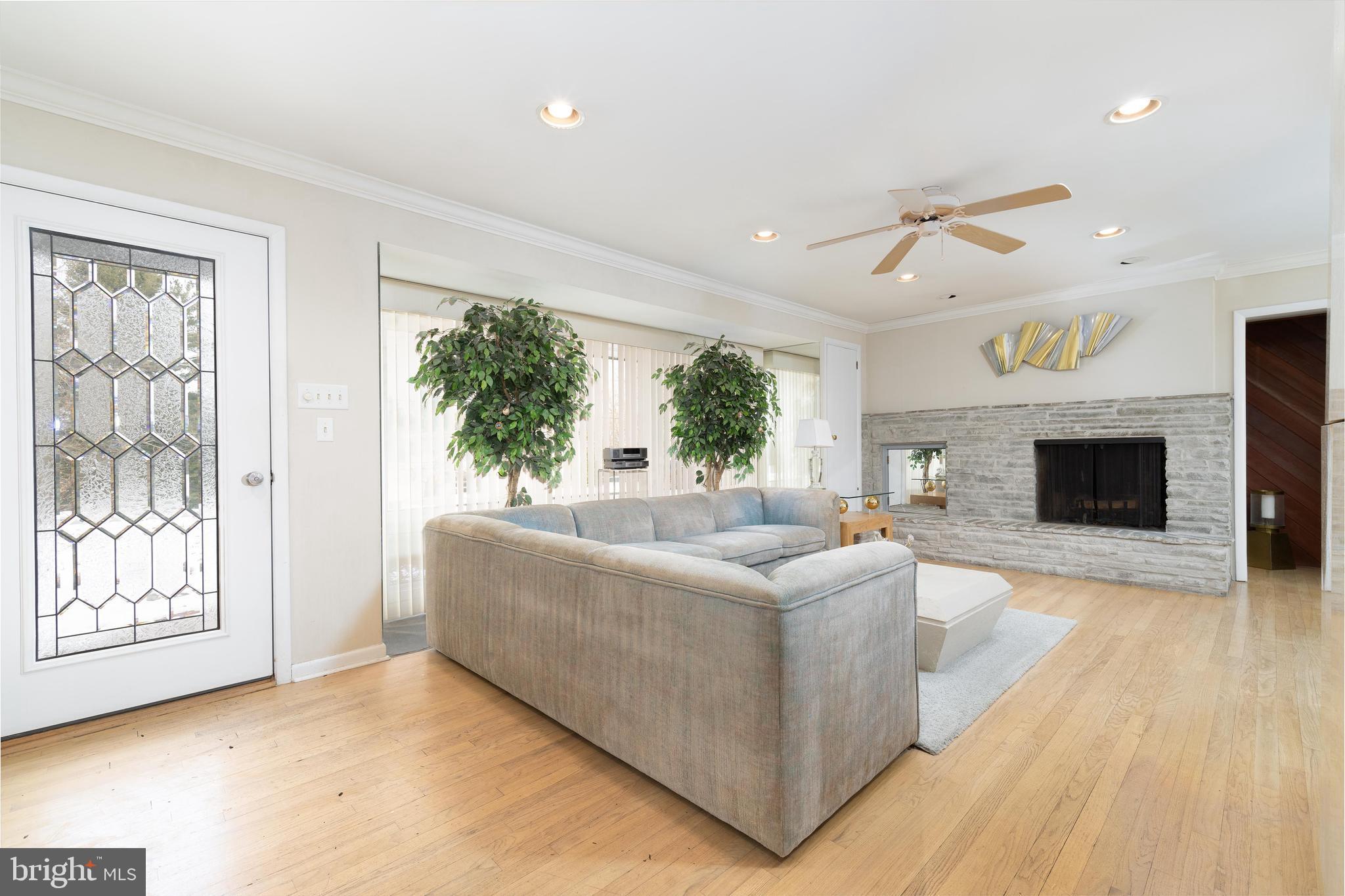 living room featuring ceiling fan, a healthy amount of sunlight, crown molding, and a fireplace