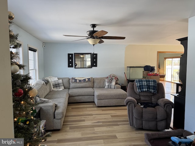 living room with light hardwood / wood-style floors and ceiling fan