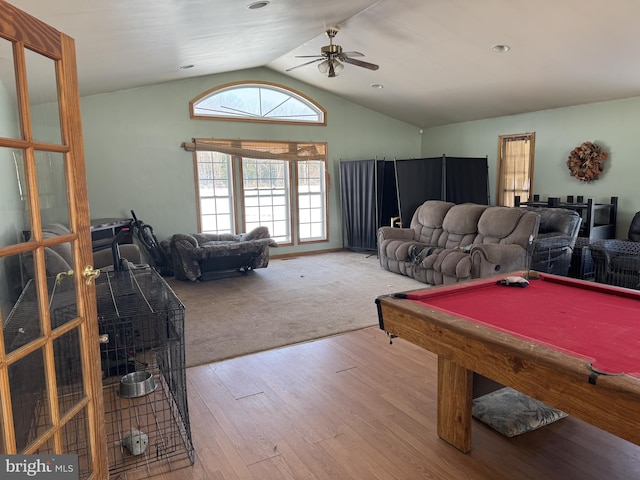 rec room with hardwood / wood-style floors, vaulted ceiling, ceiling fan, and billiards