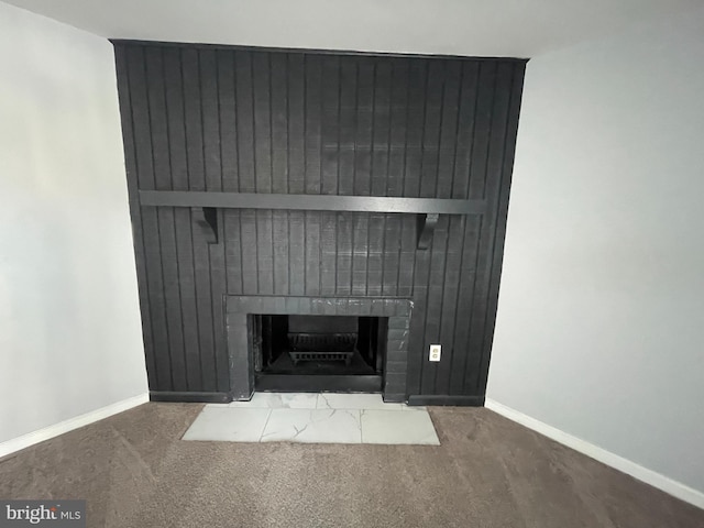 details with carpet floors and a fireplace