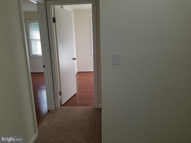 hall with wood finished floors, carpet flooring, and baseboards