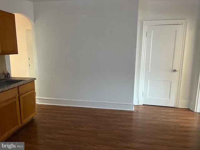 unfurnished dining area with dark wood-type flooring and sink