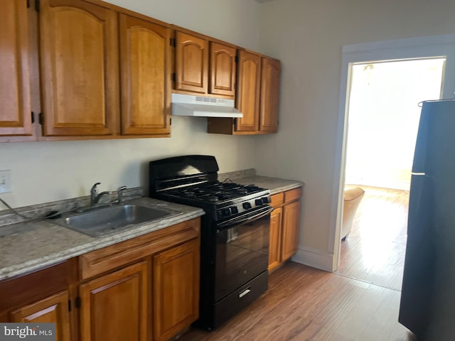 kitchen with black appliances, light hardwood / wood-style flooring, and sink